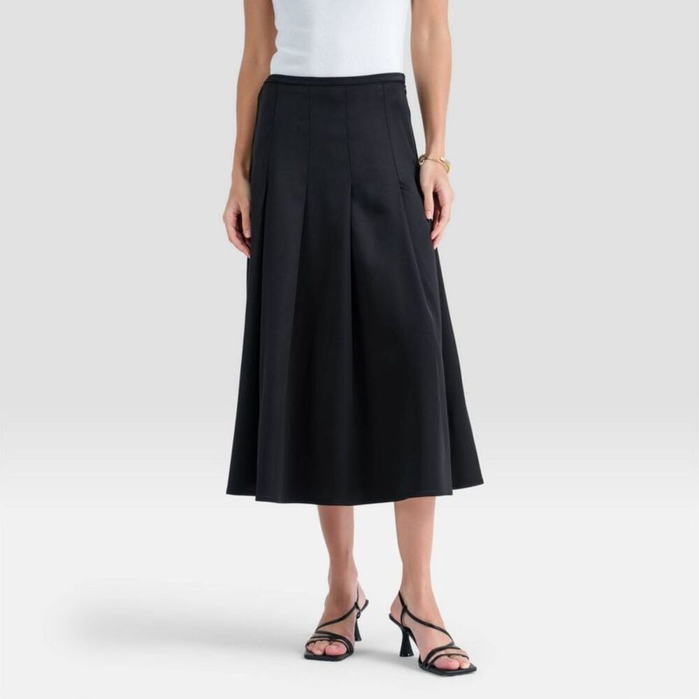 Women's Vertical Split Pleated Satin Midi Skirt - A New Day Black M